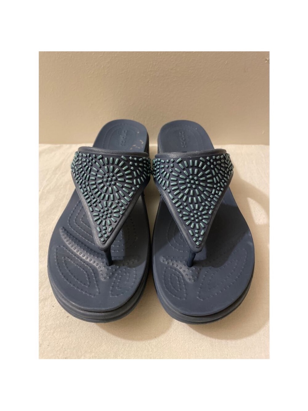 CROCS Monterey Diamonté Blue Flip Sandals with Mint Accent Beadwork